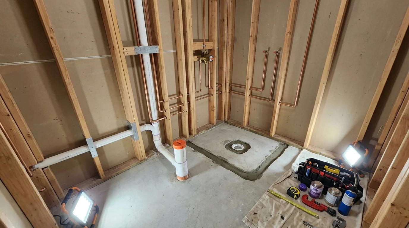 Bathroom rough-in plumbing during remodel by Johns Plumbing LLC in Poultney