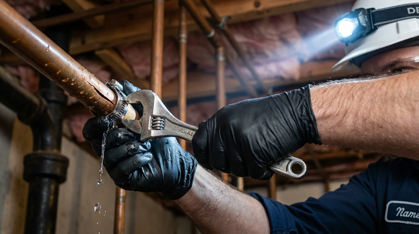 Emergency pipe clamp repair being performed by a Johns Plumbing LLC plumber in Poultney
