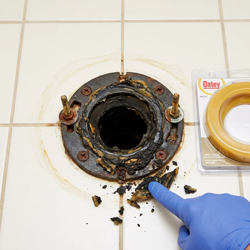 Failed wax ring showing water seepage at the base of a toilet in a Poultney, VT home